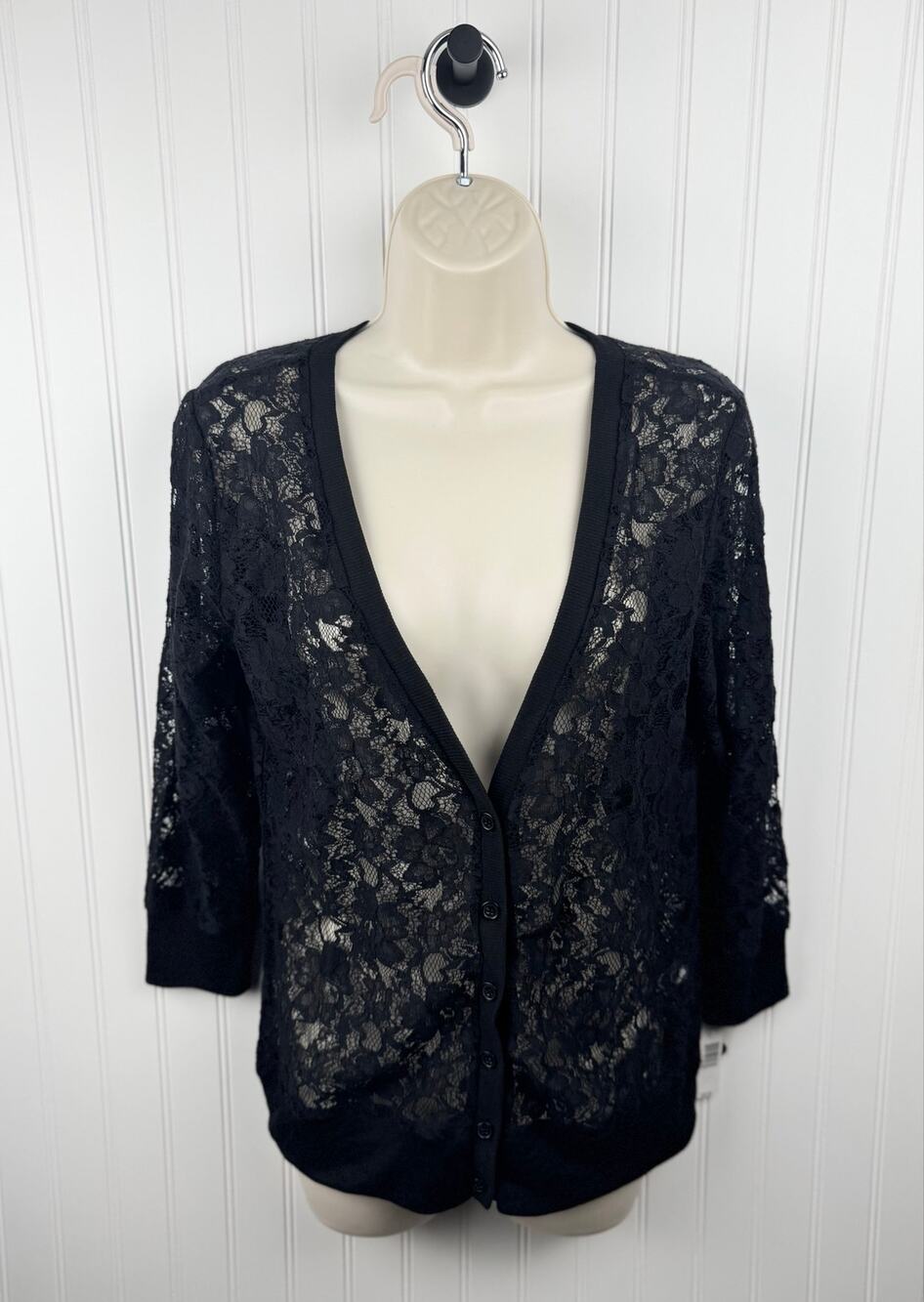 NWT New Directions Weekend Black Floral Lace Cardigan Medium Sheer Button Front